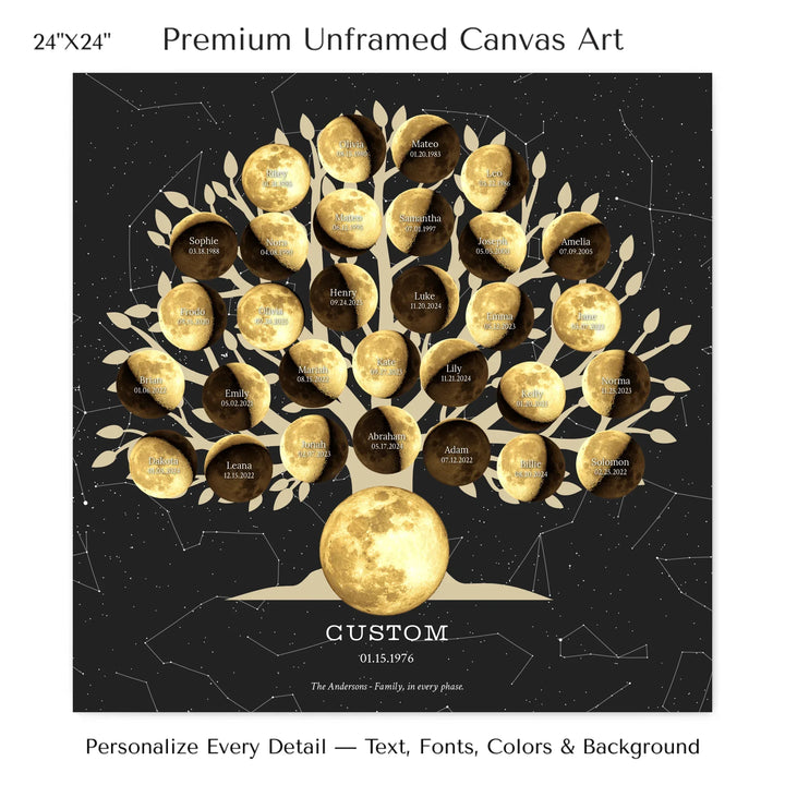 Custom Golden Moon Phase Family Tree Wall Art - 24x24 stretched canvas-ARTFULANE