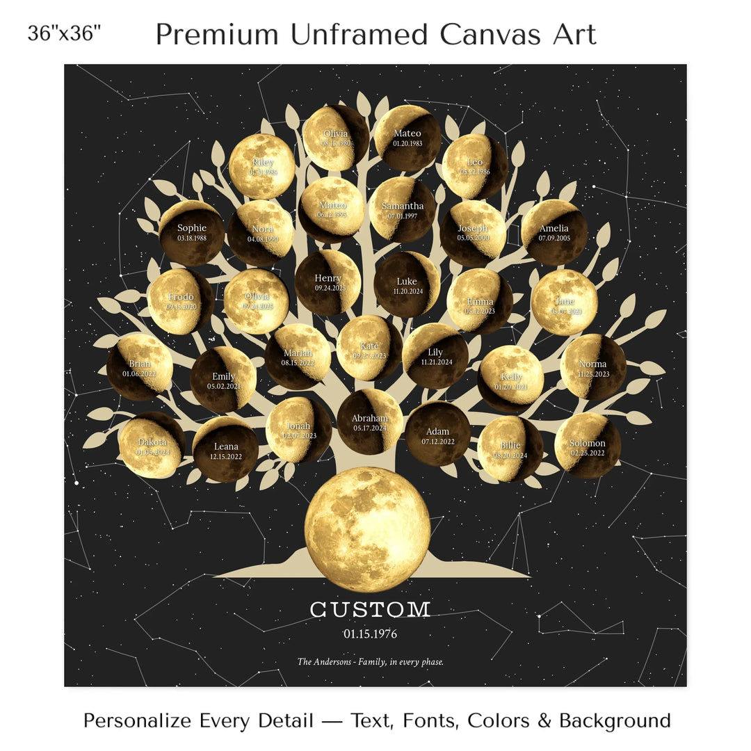 Custom Golden Moon Phase Family Tree Wall Art - 36x36 stretched canvas-ARTFULANE