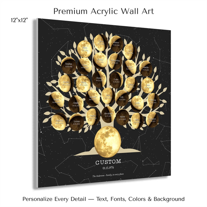 Custom Golden Moon Phase Family Tree Wall Art - 12x12 acrylic print with french cleat-ARTFULANE