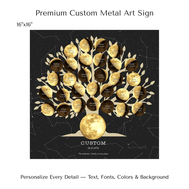 Custom Golden Moon Phase Family Tree Wall Art - 16x16 metal art sign-ARTFULANE