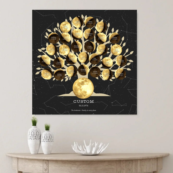 Custom Golden Moon Phase Family Tree Wall Art - unframed canvas on wall-ARTFULANE