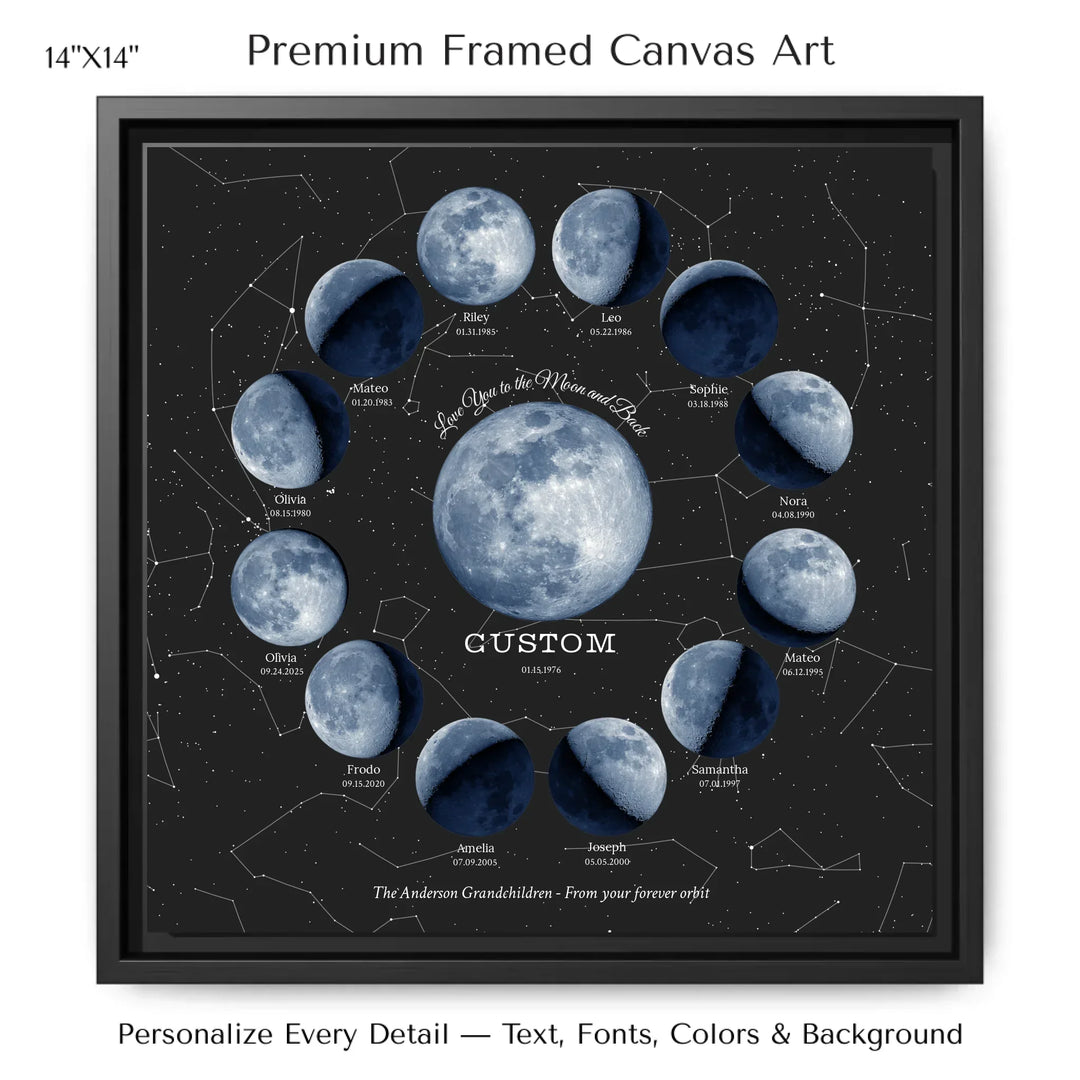 Custom Family Blue Moon Phase Wall Art - 14x14 framed canvas-ARTFULANE