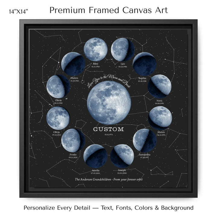 Custom Family Blue Moon Phase Wall Art - 14x14 framed canvas-ARTFULANE