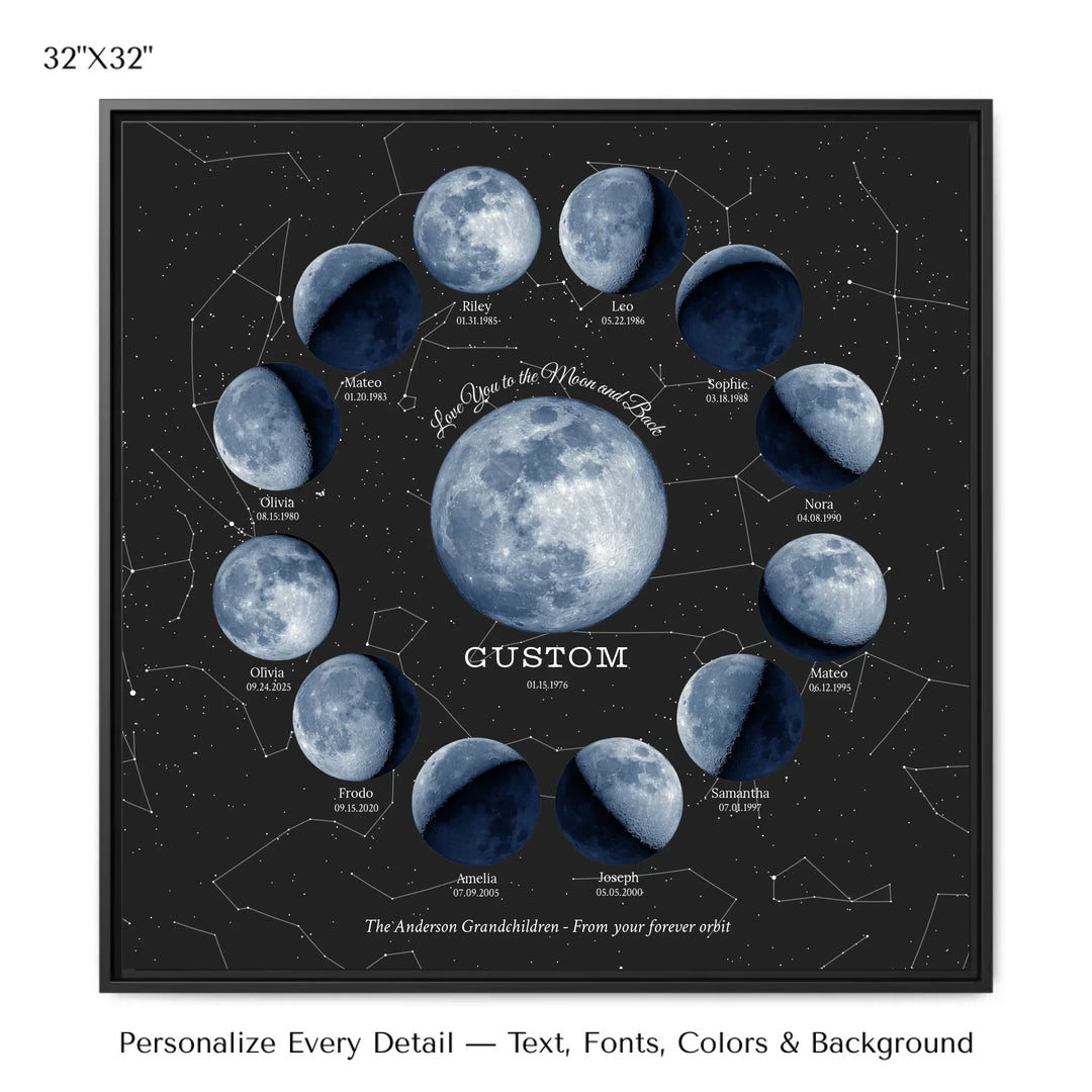 Custom Family Blue Moon Phase Wall Art - 32x32 framed canvas-ARTFULANE
