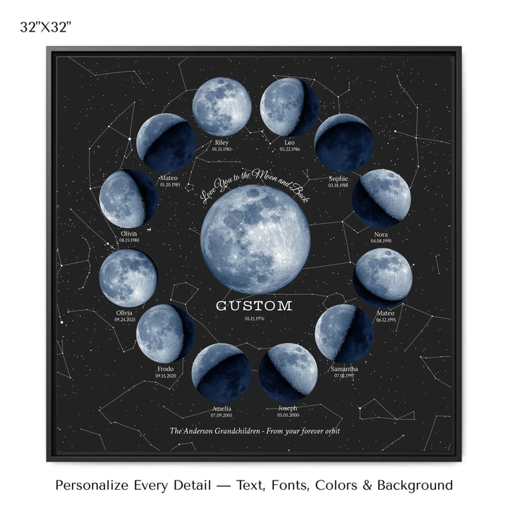 Custom Family Blue Moon Phase Wall Art - 32x32 framed canvas-ARTFULANE