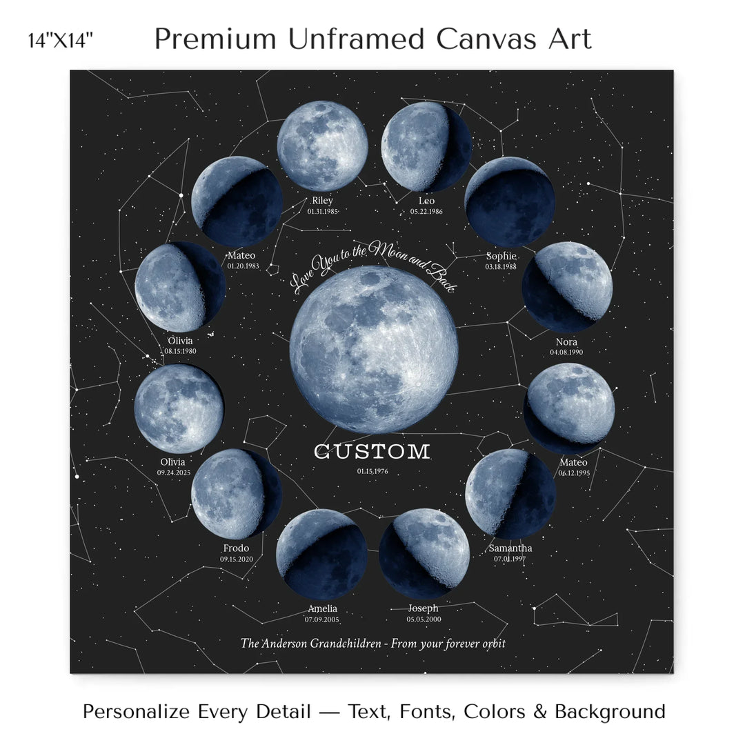 Custom Family Blue Moon Phase Wall Art - 14x14 stretched canvas-ARTFULANE