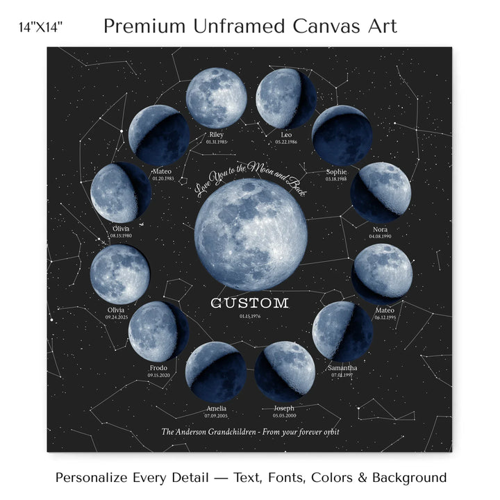 Custom Family Blue Moon Phase Wall Art - 14x14 stretched canvas-ARTFULANE