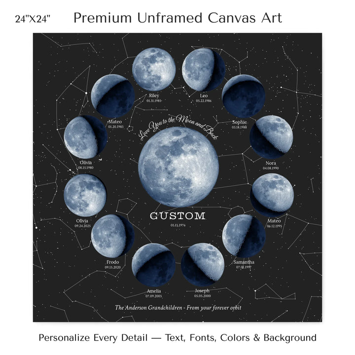 Custom Family Blue Moon Phase Wall Art - 24x24 stretched canvas-ARTFULANE