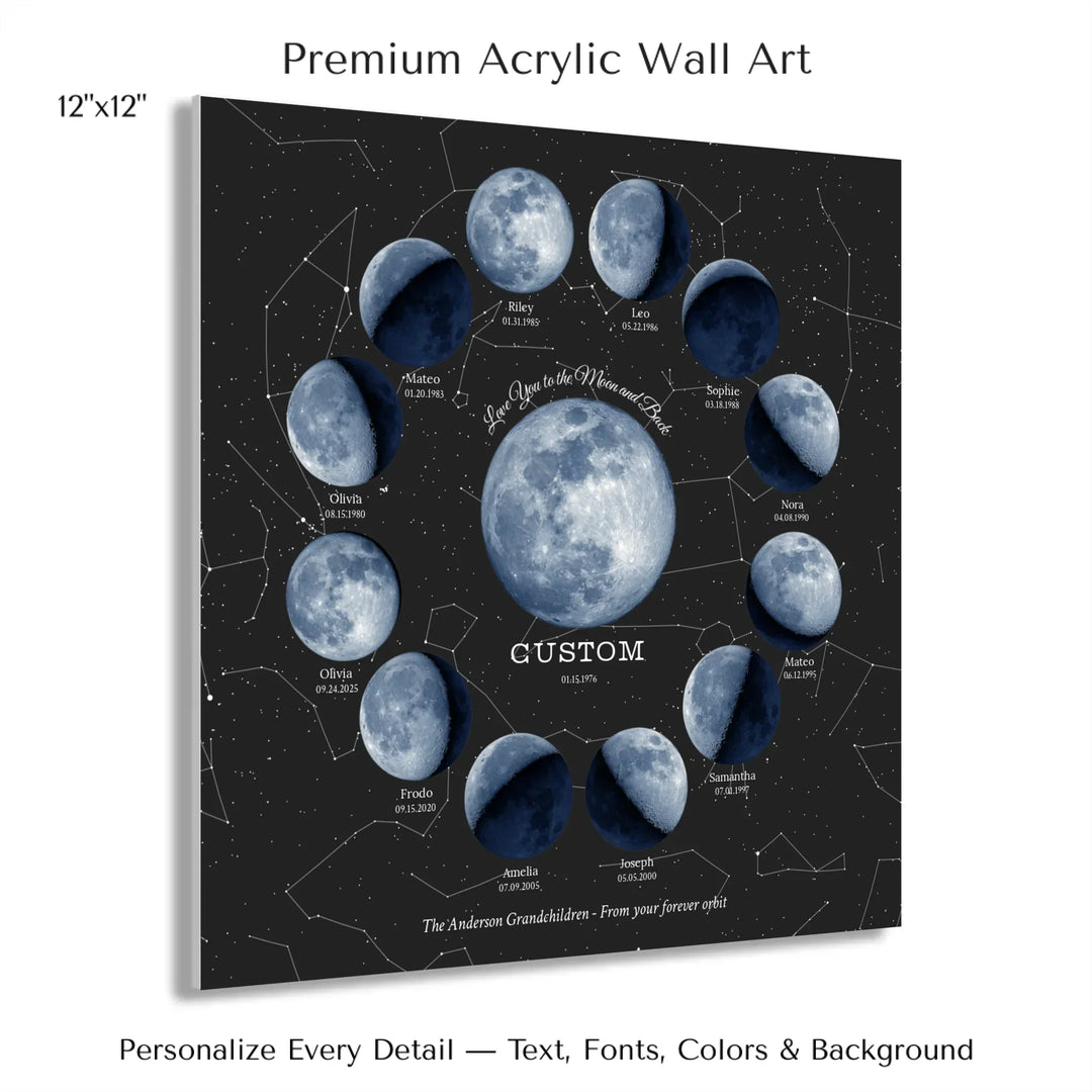 Custom Family Blue Moon Phase Wall Art - 12x12 acrylic print with french cleat-ARTFULANE