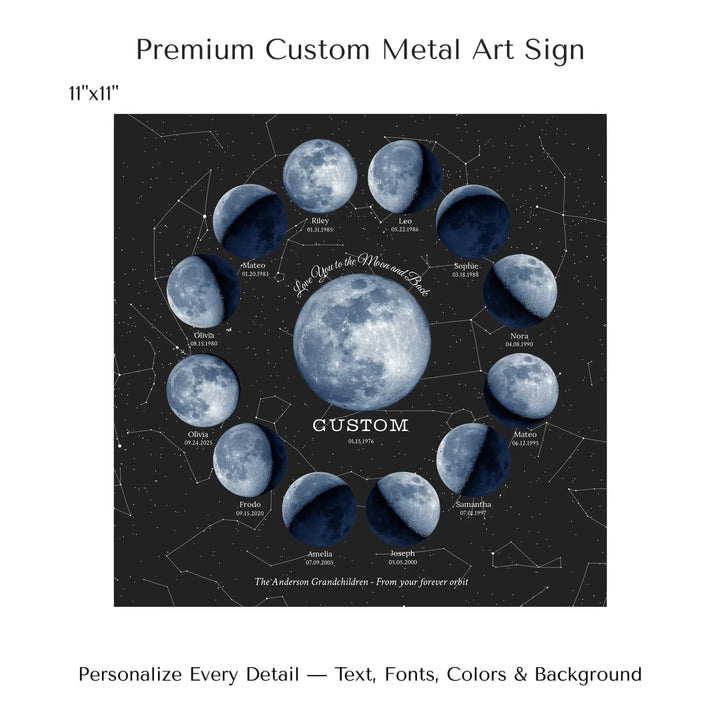 Custom Family Blue Moon Phase Wall Art - 11x11 metal art sign-ARTFULANE