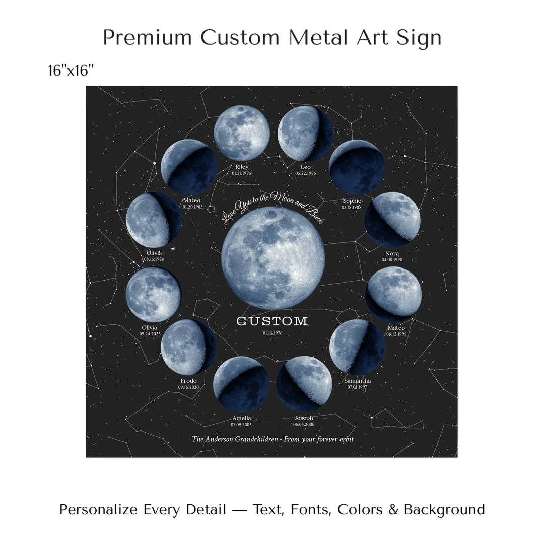 Custom Family Blue Moon Phase Wall Art - 16x16 metal art sign-ARTFULANE
