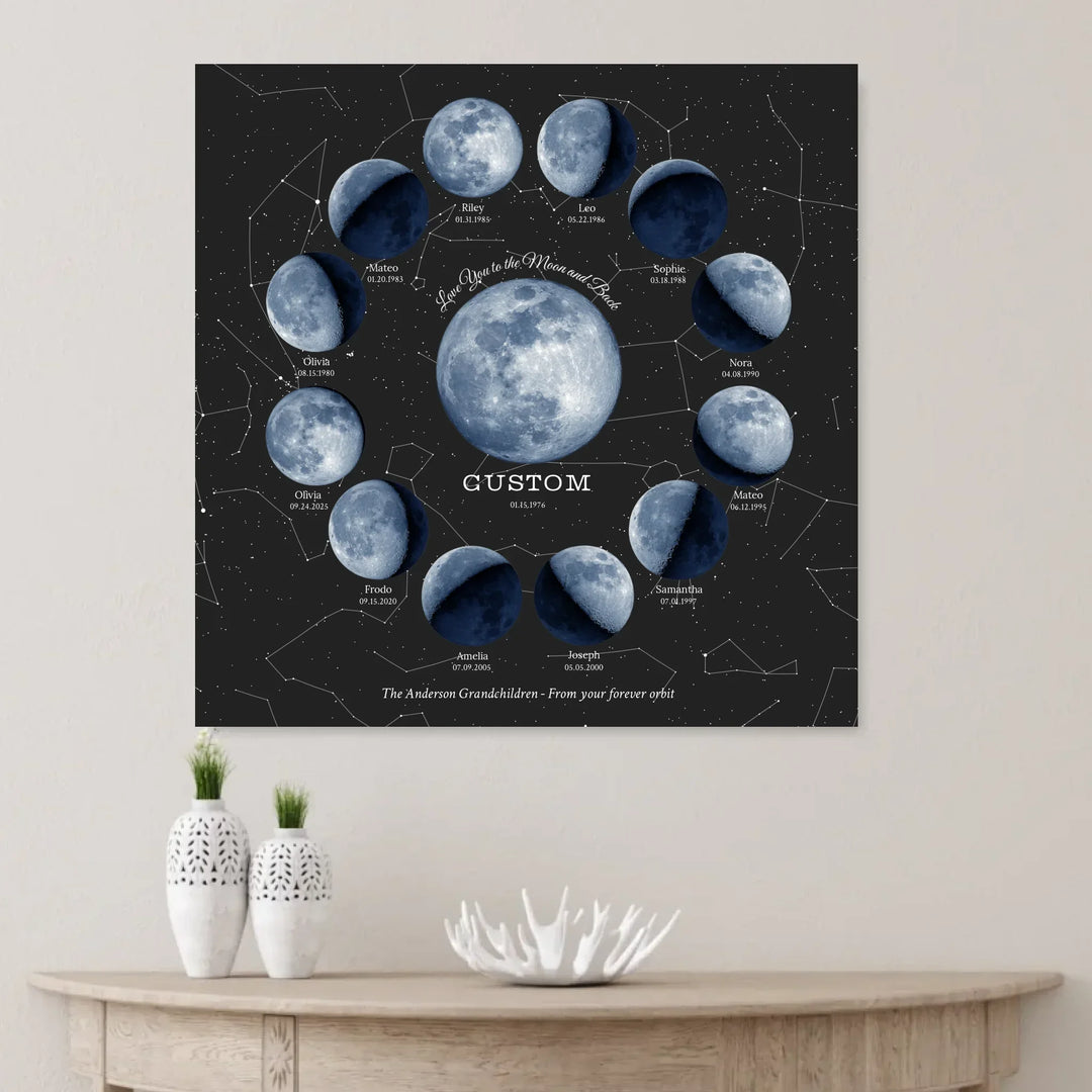 Custom Family Blue Moon Phase Wall Art - unframed canvas on wall-ARTFULANE