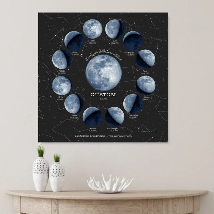 Custom Family Blue Moon Phase Wall Art - unframed canvas on wall-ARTFULANE