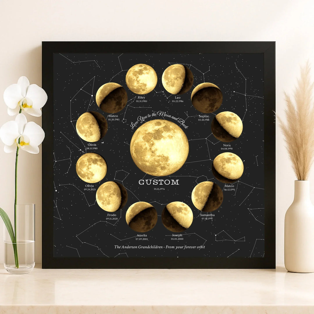 Custom Family Golden Moon Phase Wall Art - framed canvas on shelf-ARTFULANE