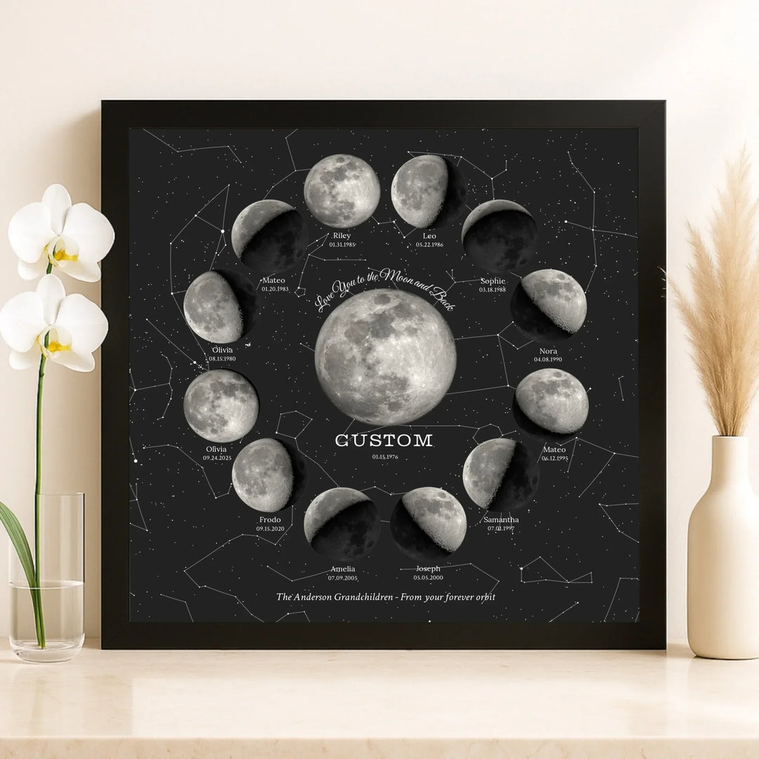 Custom Family Silver Moon Phase Wall Art - framed canvas on shelf-ARTFULANE