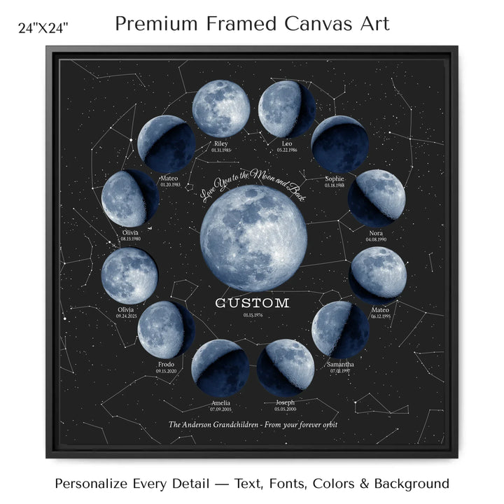 Custom Family Blue Moon Phase Wall Art - 24x24 framed canvas-ARTFULANE