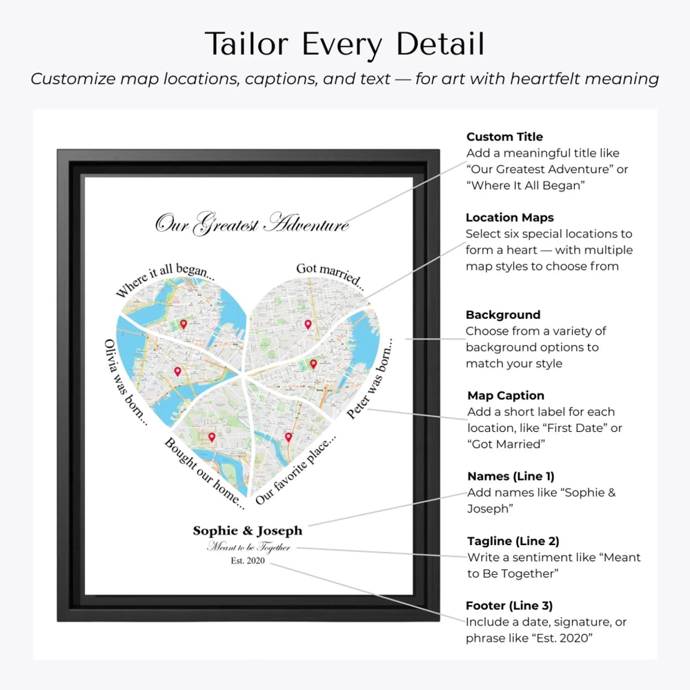 Custom Heart-Shaped Six Location Map Wall Art - Customization Options-ARTFULANE