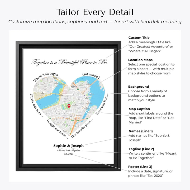 Custom Heart-Shaped Location Map Wall Art - Customization Options-ARTFULANE