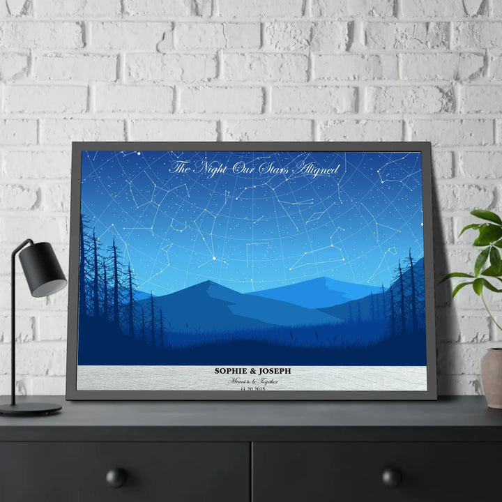 Custom Blue Landscape Star Map Wall Art - framed poster on table-ARTFULANE