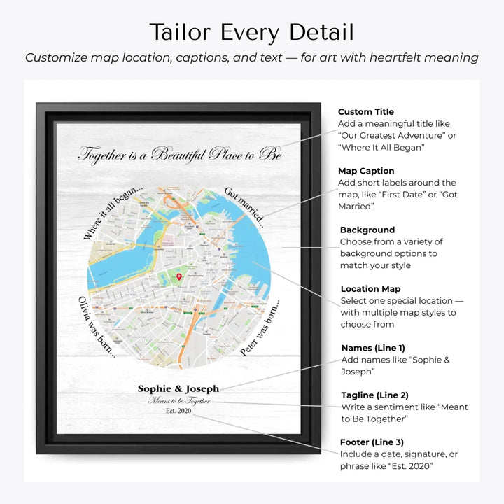 Custom circle map wall art with multiple personalized captions, names, and title over a textured background - Customization Options-ARTFULANE