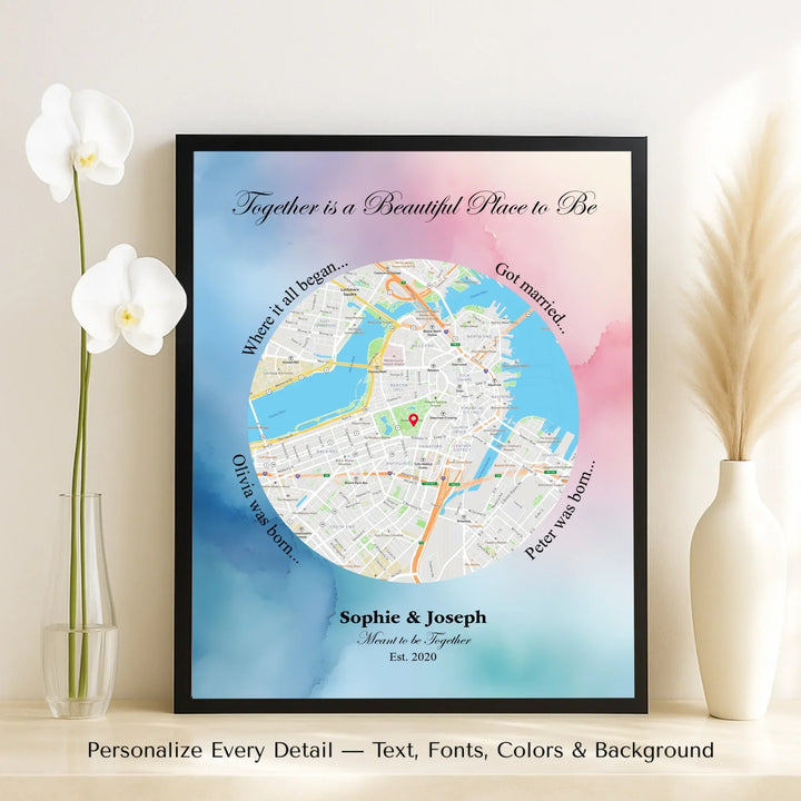 Custom circle map wall art with multiple personalized captions, names, and title over a textured background -framed canvas on table-ARTFULANE