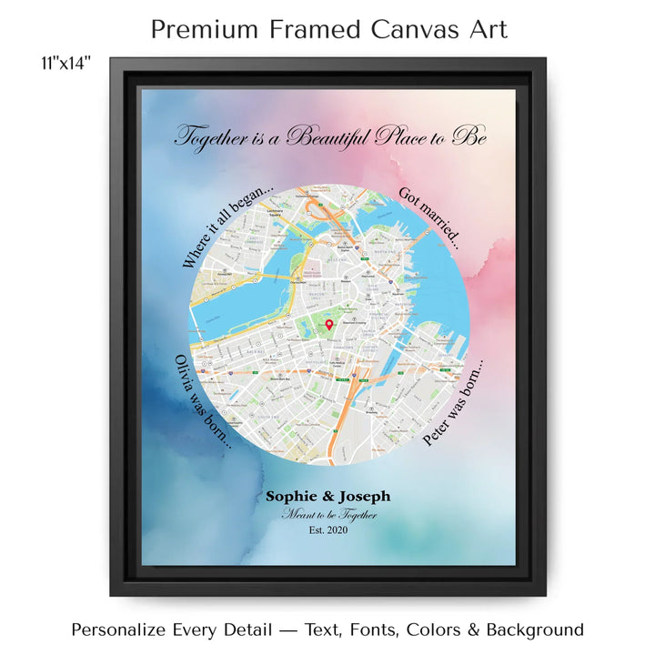 Custom circle map wall art with multiple personalized captions, names, and title over a textured background -11x14 framed canvas-ARTFULANE