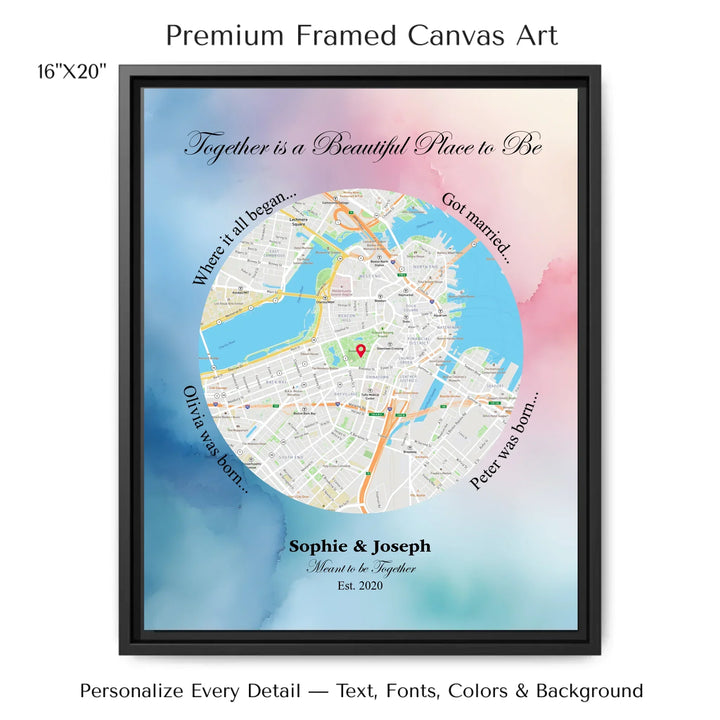 Custom circle map wall art with multiple personalized captions, names, and title over a textured background -16x20 framed canvas-ARTFULANE