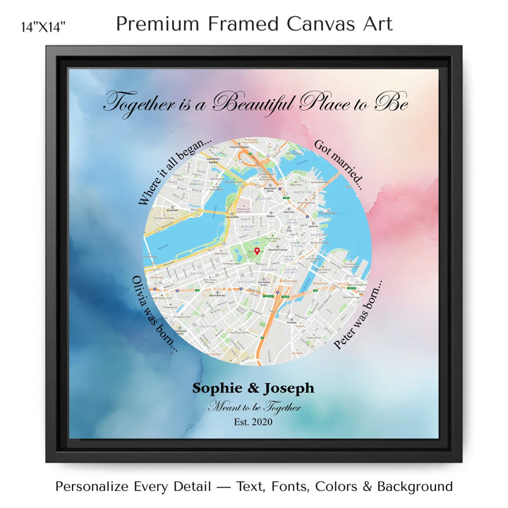 Custom circle map wall art with multiple personalized captions, names, and title over a textured background -14x14 framed canvas-ARTFULANE