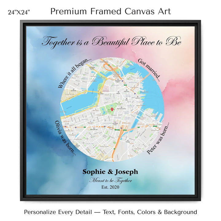 Custom circle map wall art with multiple personalized captions, names, and title over a textured background -24x24 framed canvas-ARTFULANE