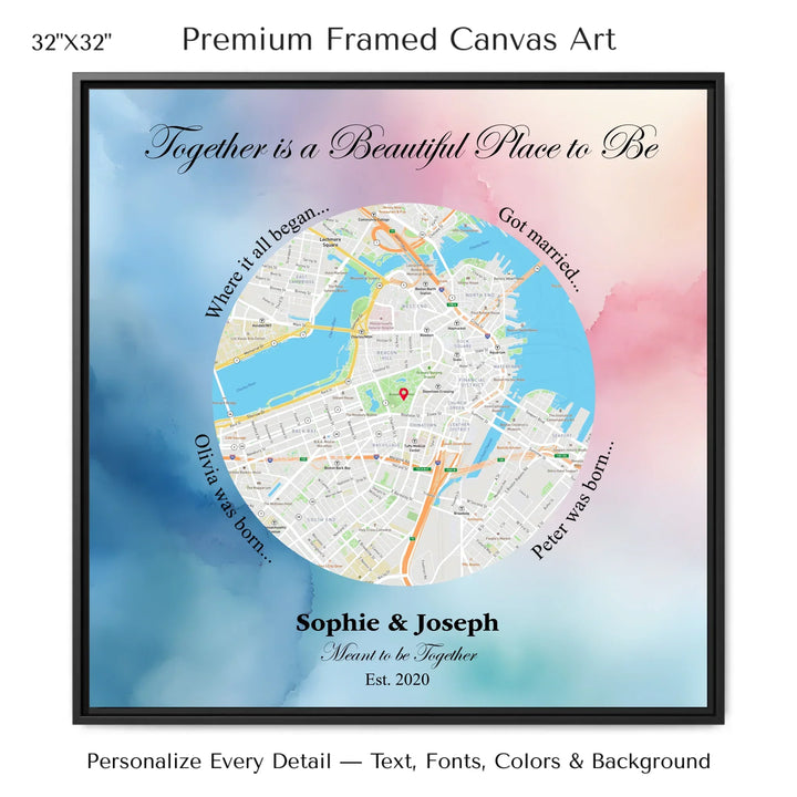 Custom circle map wall art with multiple personalized captions, names, and title over a textured background -32x32 framed canvas-ARTFULANE