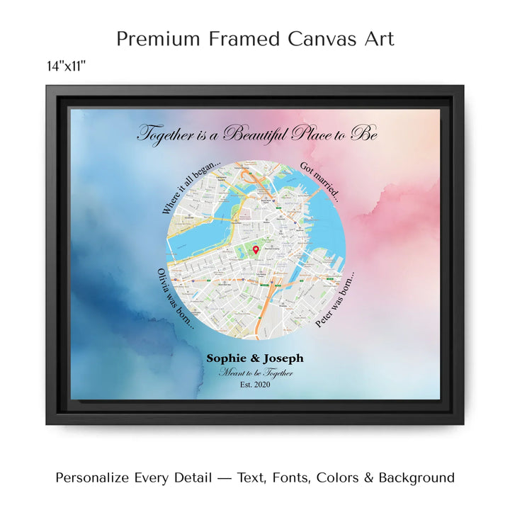 Custom circle map wall art with multiple personalized captions, names, and title over a textured background -14x11 framed canvas-ARTFULANE
