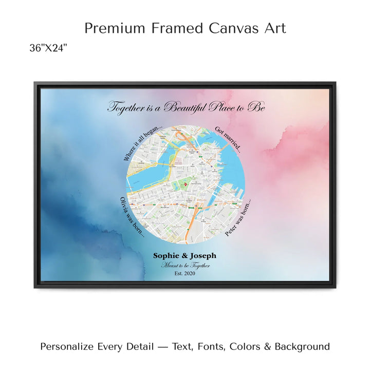 Custom circle map wall art with multiple personalized captions, names, and title over a textured background -36x24 framed canvas-ARTFULANE