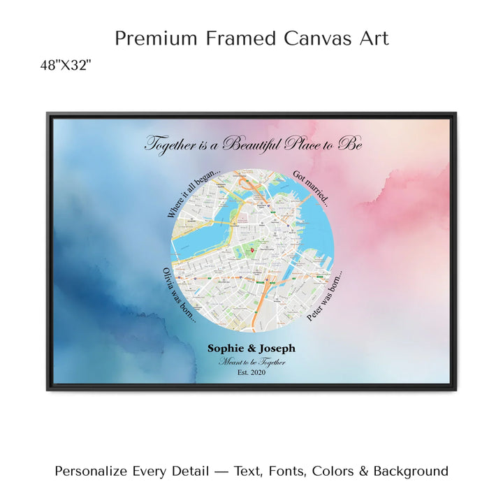 Custom circle map wall art with multiple personalized captions, names, and title over a textured background -48x32 framed canvas-ARTFULANE