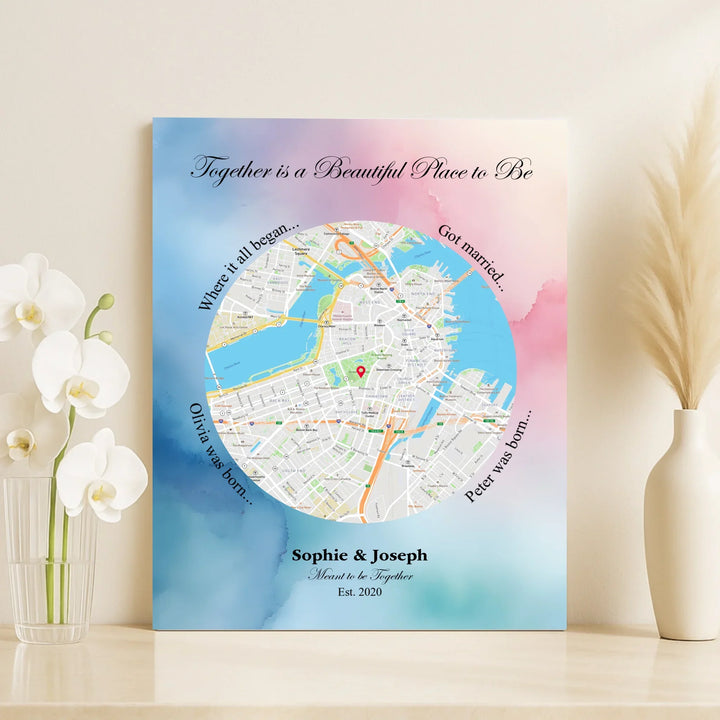 Custom circle map wall art with multiple personalized captions, names, and title over a textured background -vertical unframed canvas-ARTFULANE