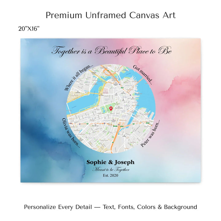 Custom circle map wall art with multiple personalized captions, names, and title over a textured background -20x16 stretched canvas-ARTFULANE