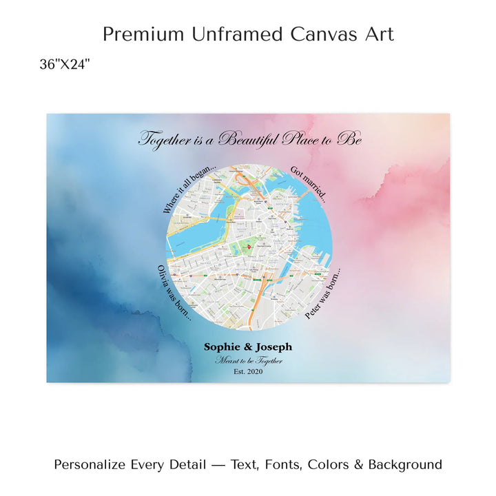 Custom circle map wall art with multiple personalized captions, names, and title over a textured background -36x24 stretched canvas-ARTFULANE