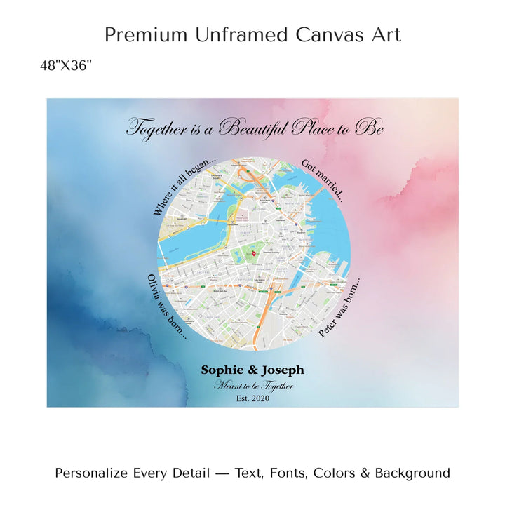 Custom circle map wall art with multiple personalized captions, names, and title over a textured background -48x36 stretched canvas-ARTFULANE