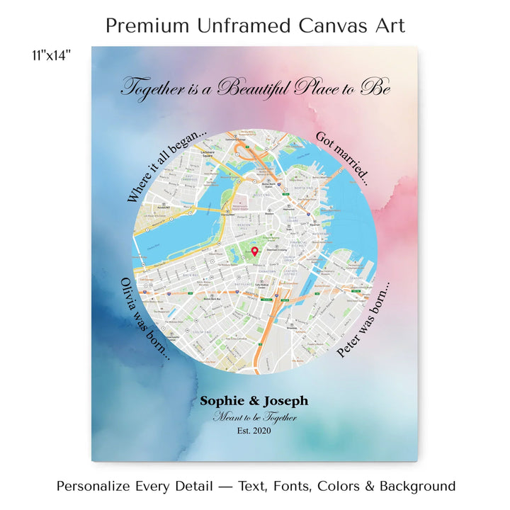 Custom circle map wall art with multiple personalized captions, names, and title over a textured background -11x14 stretched canvas-ARTFULANE