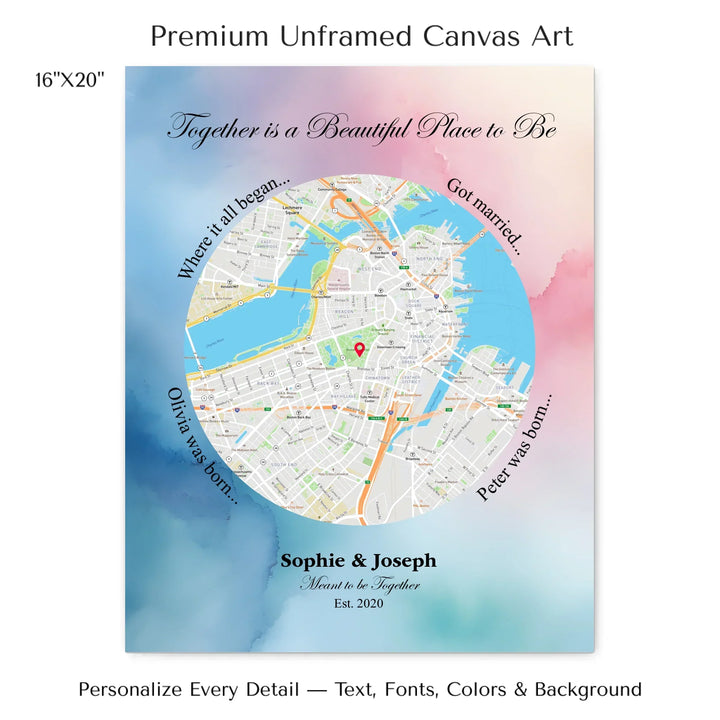 Custom circle map wall art with multiple personalized captions, names, and title over a textured background -16x20 stretched canvas-ARTFULANE