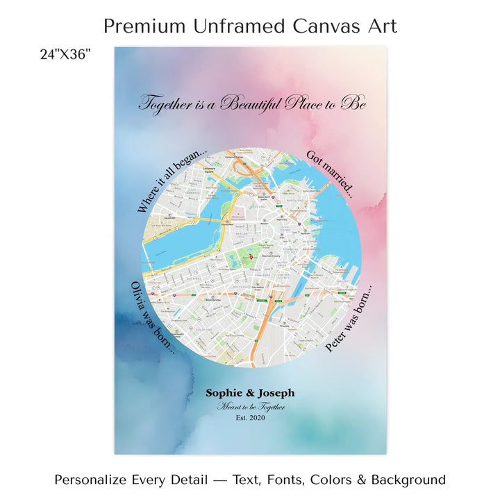 Custom circle map wall art with multiple personalized captions, names, and title over a textured background -24x36 stretched canvas-ARTFULANE