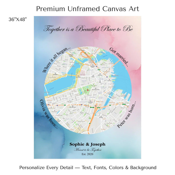 Custom circle map wall art with multiple personalized captions, names, and title over a textured background -36x48 stretched canvas-ARTFULANE