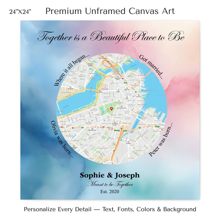 Custom circle map wall art with multiple personalized captions, names, and title over a textured background -24x24 stretched canvas-ARTFULANE