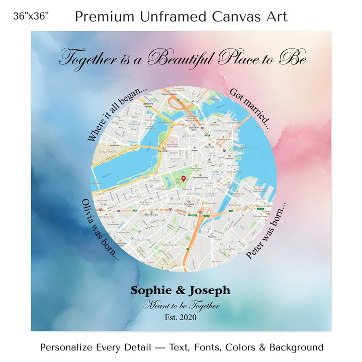 Custom circle map wall art with multiple personalized captions, names, and title over a textured background -36x36 stretched canvas-ARTFULANE