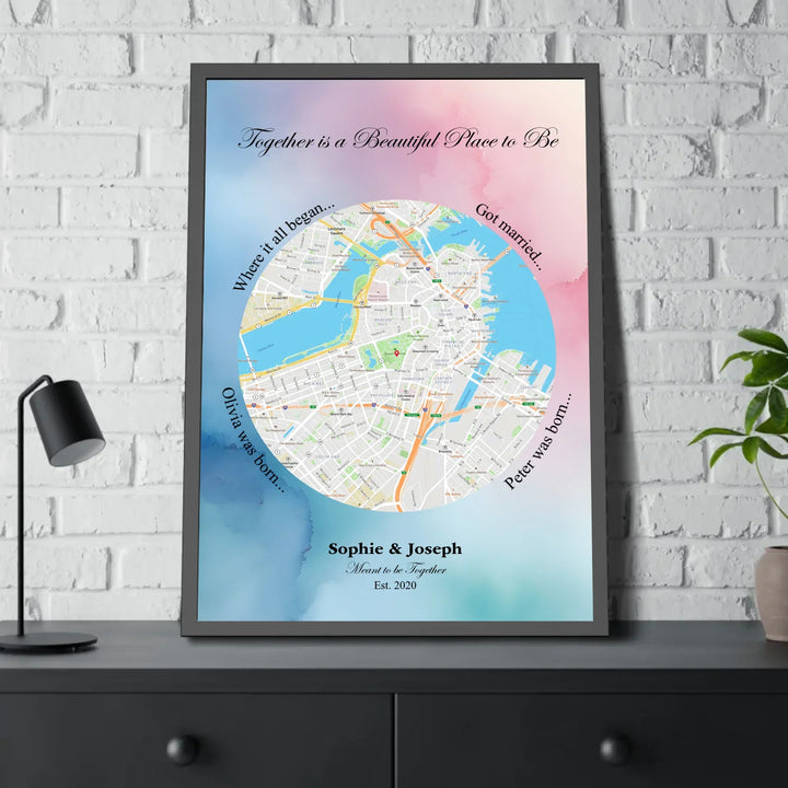 Custom circle map wall art with multiple personalized captions, names, and title over a textured background - framed poster on table-ARTFULANE