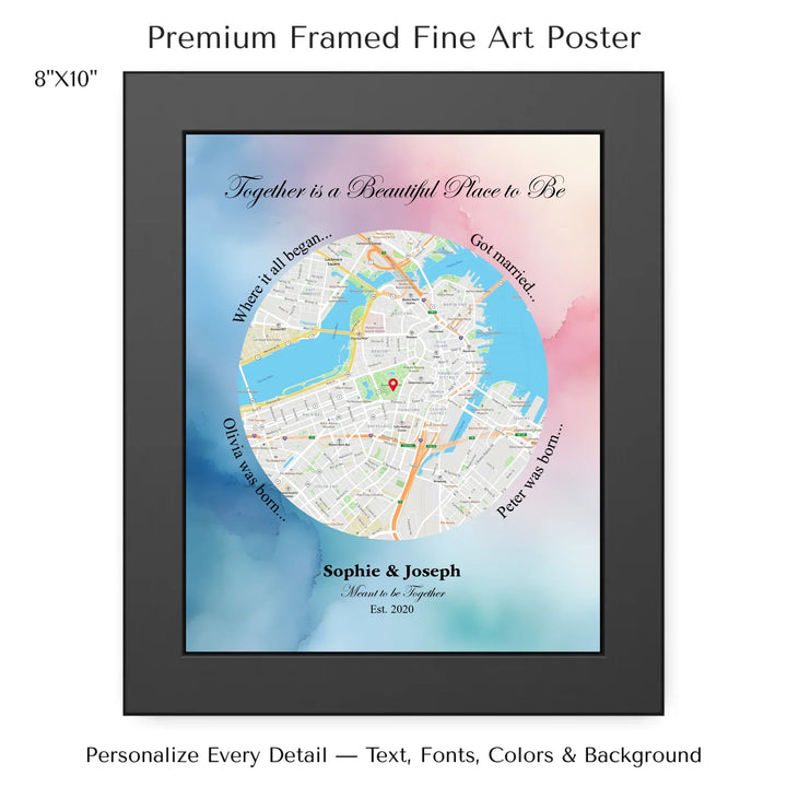 Custom circle map wall art with multiple personalized captions, names, and title over a textured background -8x10 framed poster-ARTFULANE