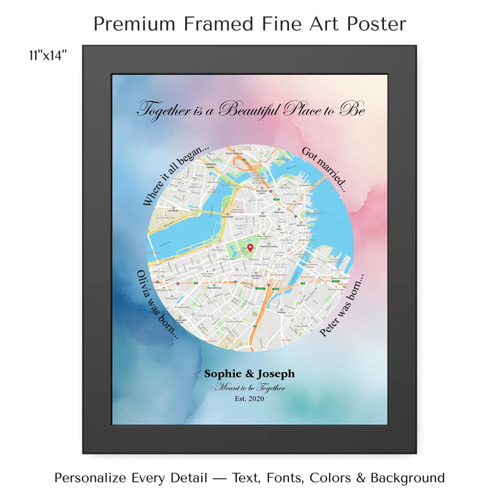 Custom circle map wall art with multiple personalized captions, names, and title over a textured background -11x14 framed poster-ARTFULANE