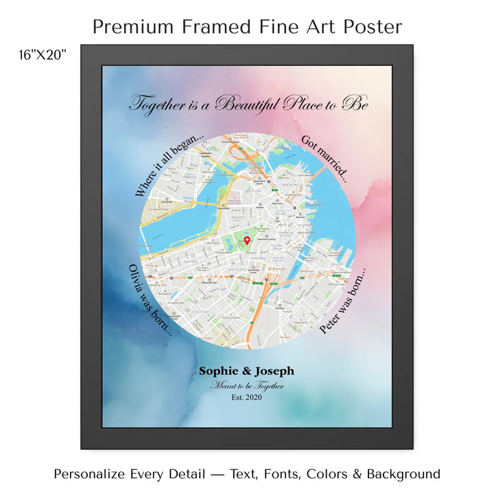 Custom circle map wall art with multiple personalized captions, names, and title over a textured background -16x20 framed poster-ARTFULANE