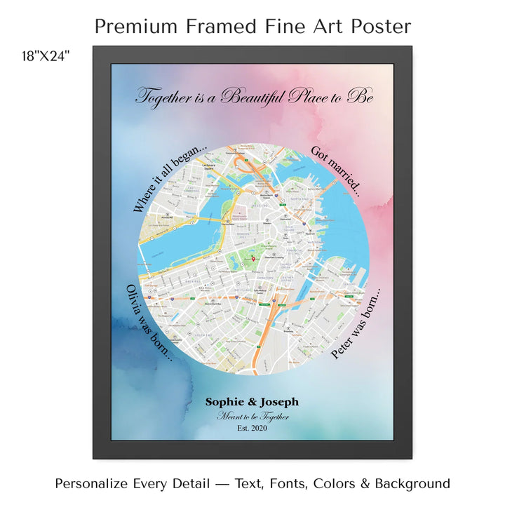 Custom circle map wall art with multiple personalized captions, names, and title over a textured background -18x24 framed poster-ARTFULANE