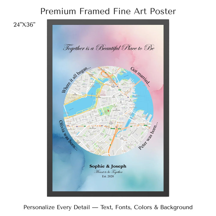 Custom circle map wall art with multiple personalized captions, names, and title over a textured background -24x36 framed poster-ARTFULANE