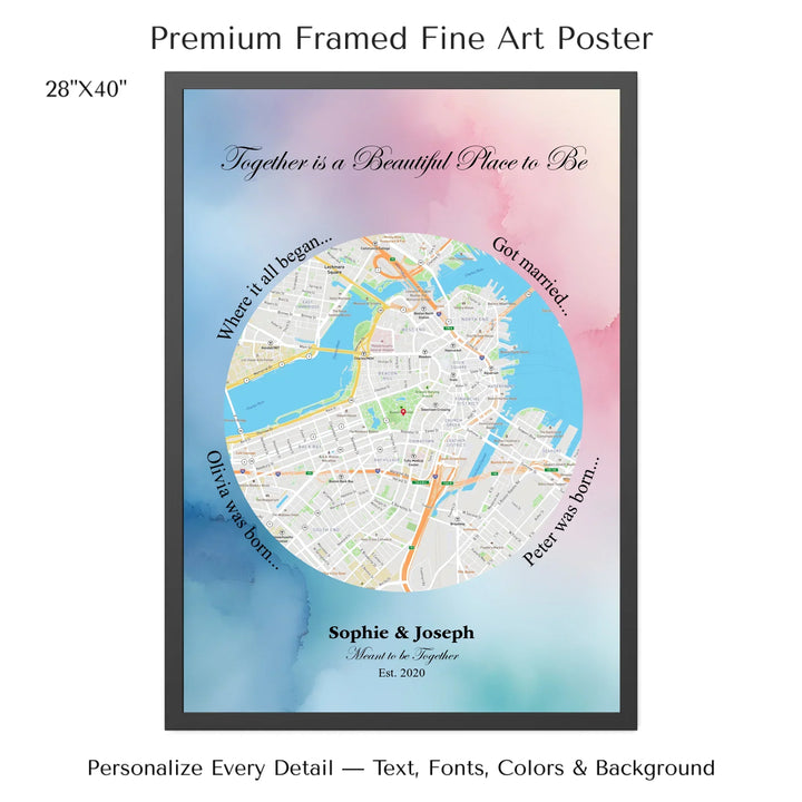 Custom circle map wall art with multiple personalized captions, names, and title over a textured background -28x40 framed poster-ARTFULANE